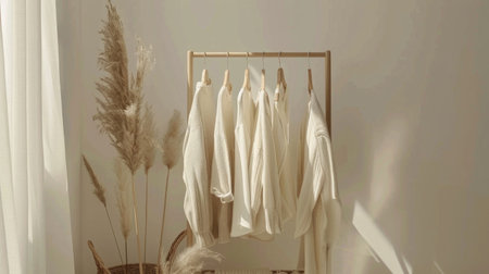 A serene display of white and beige clothes hanging neatly on a wooden rack beside decorative pampas grass.の素材