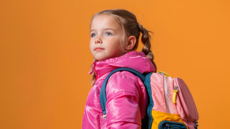 Portrait of a young girl with a backpack looking hopeful against a vibrant orange backdrop.の素材