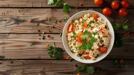 A tempting bowl of pasta garnished with fresh tomatoes, cheese, and herbs, served on a rustic wooden table.の素材