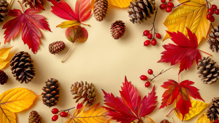 Variety of colorful autumn leaves and pine cones neatly arranged on a cream-colored background.の素材