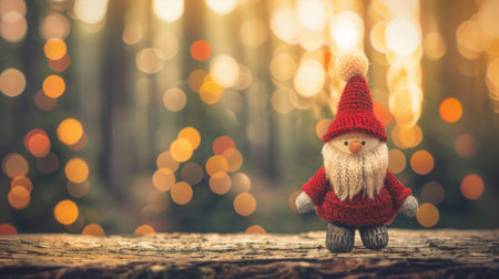 A whimsical Santa Claus figurine in a red knitted outfit stands against a backdrop of golden bokeh lights, embodying the Christmas spirit.の素材