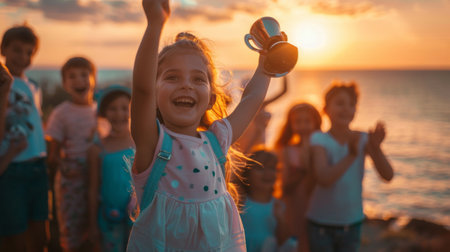 Joyful little girl holding up a trophy with other children celebrating on a beach during sunset.の素材