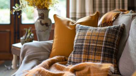 Warm and inviting home interior featuring a comfortable sofa with plaid pillows and throw.の素材
