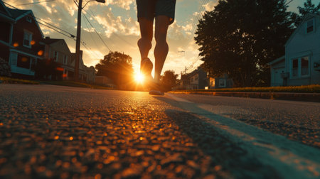 Silhouette of a person running on a suburban road at sunset, with sun flare.の素材