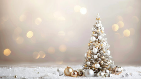 A beautifully decorated Christmas tree with sparkling lights and white ornaments against a soft glowing background.の素材