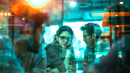A young couple engaged in an intimate conversation inside a vibrant cafe setting at night.の素材