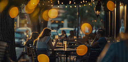 A single woman enjoys a drink at an outdoor street cafe adorned with warm bokeh lights at dusk.の素材
