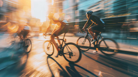 Motion blur of cyclists racing on an urban street at golden hour.の素材