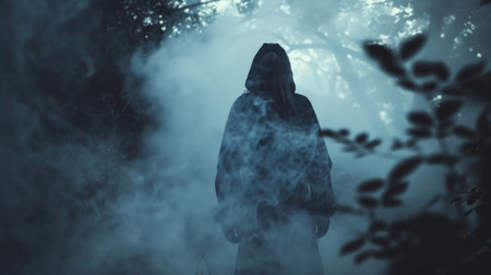 Silhouetted figure shrouded in mist within a dark, eerie forest setting.の素材