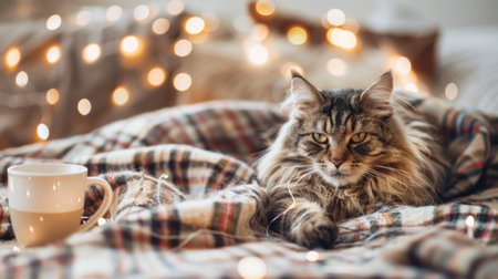 A cozy Maine Coon cat nestled in a plaid blanket with warm fairy lights and a steaming mug nearby.の素材