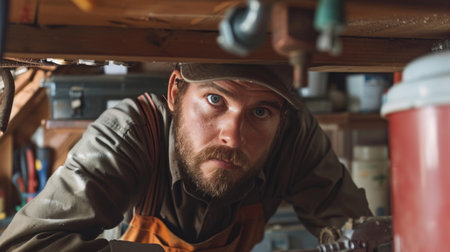 Focused plumber in cap working under kitchen sink, fixing a pipe in a home setting.の素材