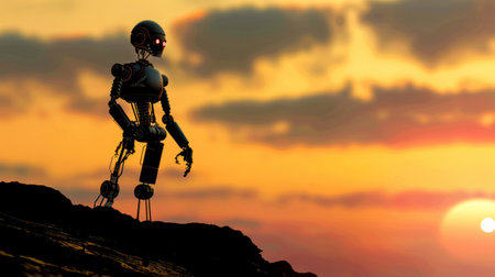 A lone robot stands on a rocky peak, silhouetted against the vibrant sunset sky, evoking contemplation.の素材