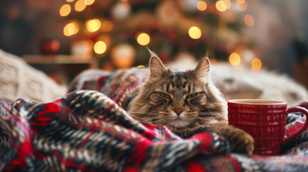 A Maine Coon cat lies on a festive blanket with a red mug, against a blurred Christmas backdrop.の素材