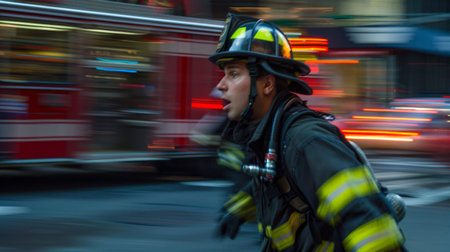 A firefighter in full gear is captured in motion blur as he rushes to respond to an emergency situation.の素材
