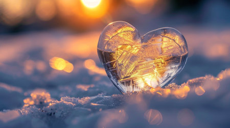 A crystal clear frozen heart glistening in the sunset's golden light on a snowy winter day.の素材
