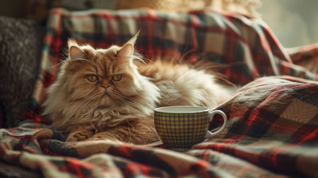 A serene Persian cat with striking features relaxes on a plaid blanket, accompanied by a checkered mug.の素材