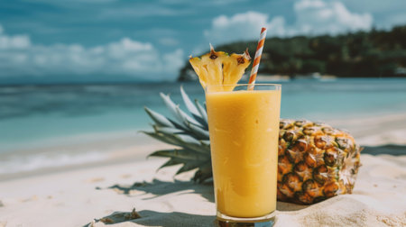 Refreshing pineapple smoothie on a sandy beach with clear skies on a sunny day.の素材