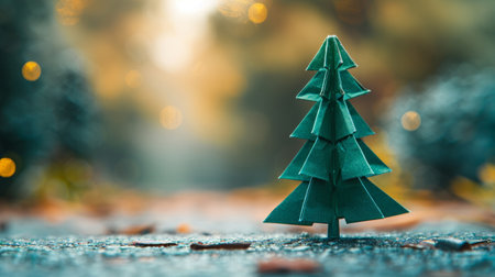 A simple origami Christmas tree stands on a frosted surface, with golden bokeh lights softly illuminating the background.の素材