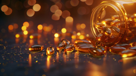 Golden omega-3 fish oil capsules on a reflective surface with warm bokeh lights.の素材