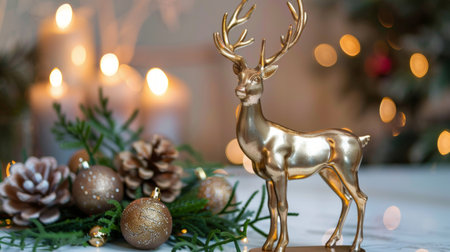 A golden reindeer figurine stands elegantly among festive decorations, pine cones, and warm candlelight.の素材