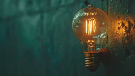A single illuminated vintage light bulb casts a warm glow against a textured rustic wall, symbolizing creativity.の素材