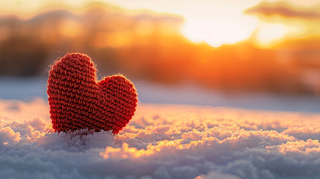 A handmade red knitted heart rests on fresh snow, backlit by a golden sunset, symbolizing warmth and love in winter.の素材