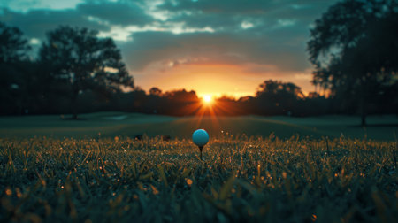 A serene sunrise scene featuring a golf ball on a tee, amidst a dew-covered fairway with silhouetted trees.の素材
