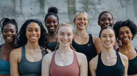A multicultural group of women in athletic wear smiling confidently in a show of unity and strength.の素材