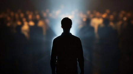 A man is standing before a blurry crowd highlighted by a spotlight, suggesting introspection or public speaking.の素材