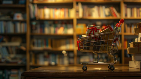 A mini shopping cart filled with gift boxes on a wooden table, with a blurred library background.の素材