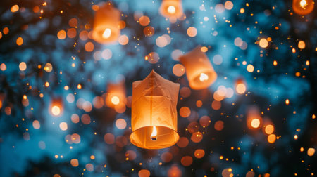 Illuminated lanterns floating up into the dusk sky among a festive glow of lights.の素材
