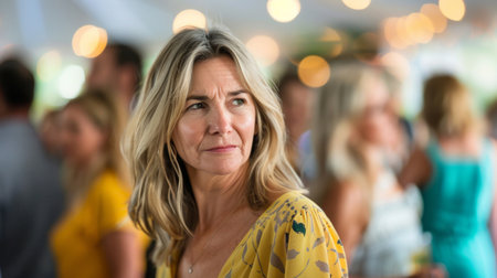 Middle-aged woman in a yellow dress looking thoughtful amidst a social event.の素材