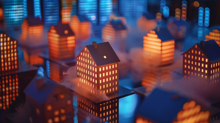 A miniature cityscape with illuminated buildings against a dark blue backdrop, resembling a bustling night city.の素材