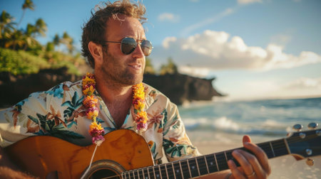 A man in sunglasses plays guitar on a sunny beach, expressing leisure and musical passion in a tropical setting.の素材