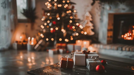 A warm, inviting Christmas scene with presents on a wooden table and a decorated tree in the background.の素材