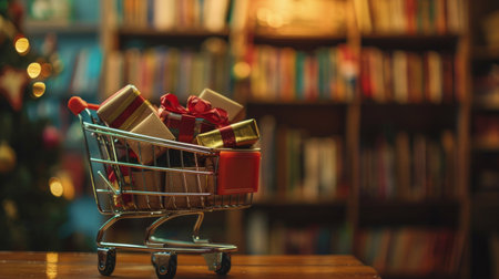Mini shopping cart filled with wrapped gift boxes, suggesting holiday shopping spree.の素材