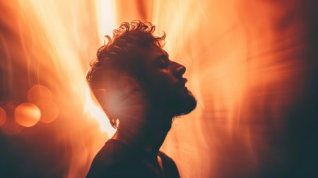 A man's silhouette against a fiery backdrop, creating a dramatic and artistic portrait with an intense warm light.の素材