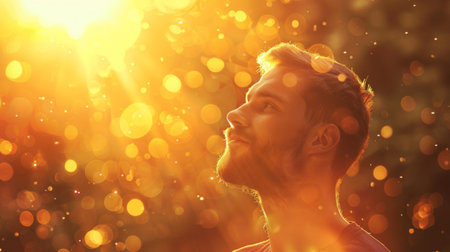 Profile of a joyful man bathed in golden sunlight with a sparkling bokeh effect, feeling content and at peace.の素材