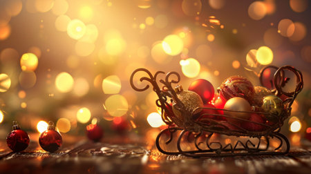 A sleigh full of glittering Christmas ornaments against a sparkling light background, conveying holiday cheer.の素材