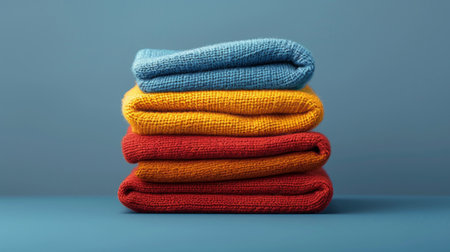 A neat stack of colorful knit sweaters folded on a blue surface, depicting comfort and warmth.の素材