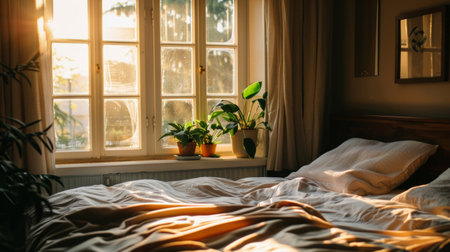 A warm, sunny bedroom with a comfortable bed and houseplants on the window sill, depicting a peaceful morning.の素材