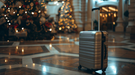 An unattended suitcase stands in a decorated hotel lobby during the holiday season.の素材