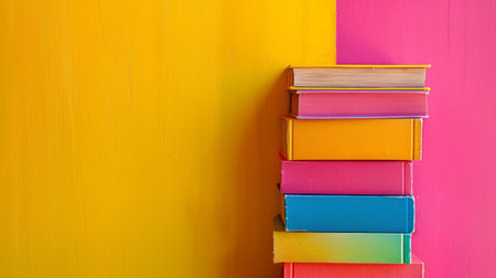A cheerful stack of hardcover books in various bright colors against a vibrant yellow and pink background.の素材