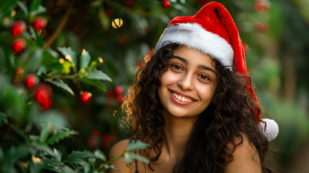 A woman wearing a santa hat smiles for the camera, exuding holiday cheer and joyの素材