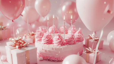 A pink birthday cake adorned with candles, sitting among colorful balloons and wrapped presents.の素材
