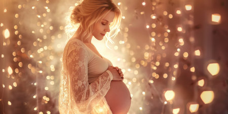 A pregnant woman standing confidently in front of a backdrop of twinkling lights, showcasing her beautiful bellyの素材
