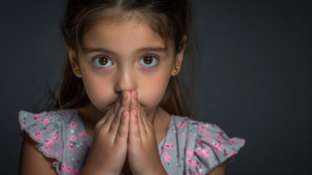 A little girl is covering her mouth with both hands, looking surprised or shocked.の素材