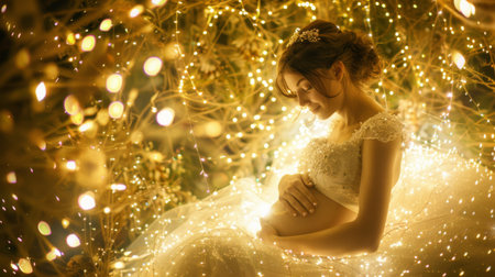 A pregnant woman stands in a white dress, encircled by glowing lightsの素材