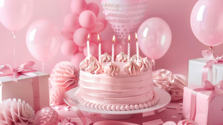A birthday cake with pink frosting sits surrounded by pink balloons in a festive celebration setting.の素材