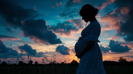 A pregnant woman is standing in a field during sunsetの素材